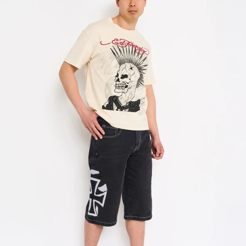 Crosses Rhinestone Mens Long Denim Shorts - Image 3