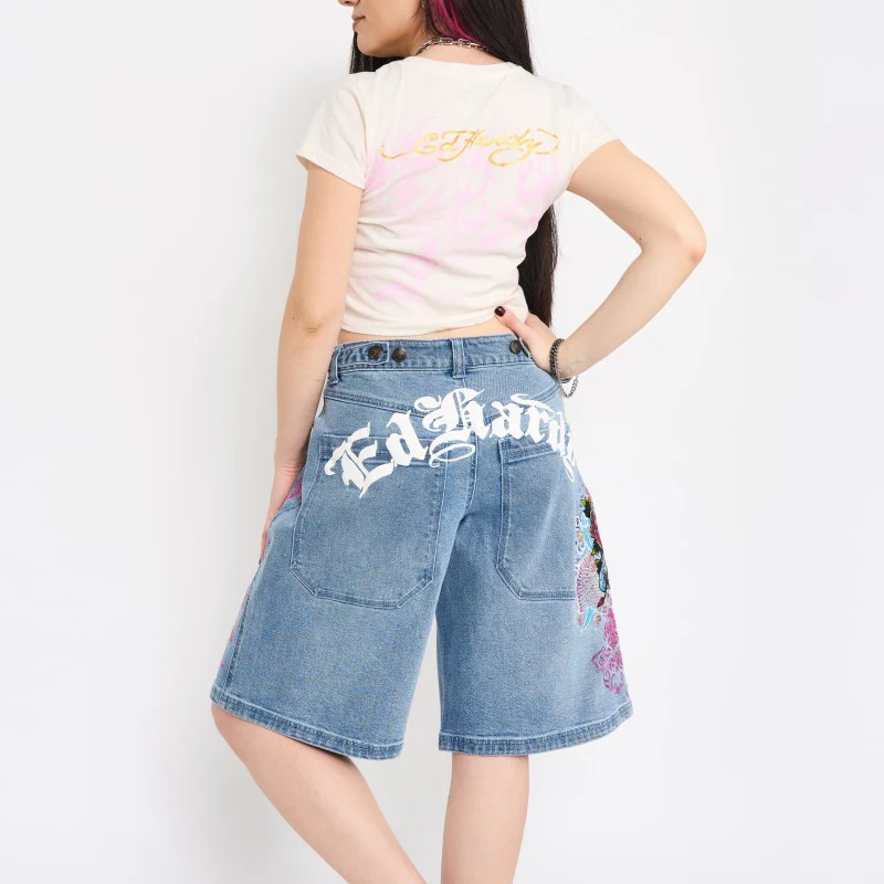 Flower Diamond Embroidered Denim Shorts - Image 2