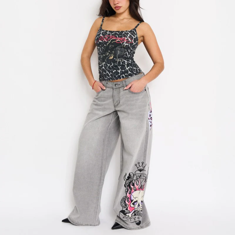 Pink Skull Flame Baggy Jeans