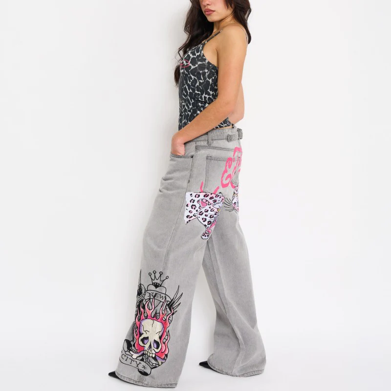 Pink Skull Flame Baggy Jeans - Image 3