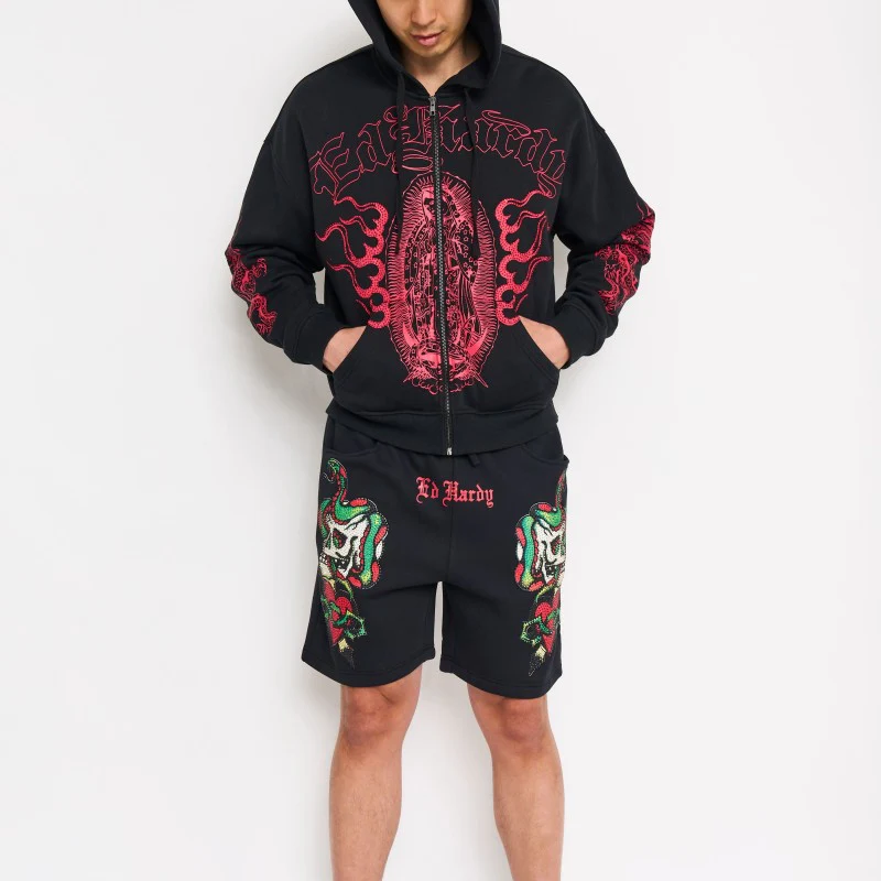 Skull Hearts Rhinestone Fleece Shorts
